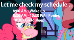 Size: 634x348 | Tagged: safe, derpibooru import, edit, edited screencap, screencap, cup cake, pinkie pie, earth pony, pony, baby cakes, 2012, notepad, ponibooru, pony time, schedule, text