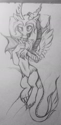 Size: 1011x2048 | Tagged: safe, artist:wkirin, discord, draconequus, body pillow, body pillow design, looking at you, male, monochrome, sketch, solo, traditional art