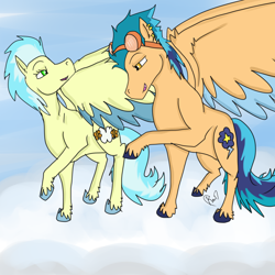 Size: 5000x5000 | Tagged: safe, artist:saiyanxprincess, indigo zap, misty fly, pegasus, pony, bedroom eyes, cloud, colored hooves, colored wings, colored wingtips, duo, ear piercing, earring, equestria girls ponified, female, goggles, jewelry, lesbian, looking at each other, mare, mistigo, piercing, ponified, raised hoof, shipping, signature, unshorn fetlocks