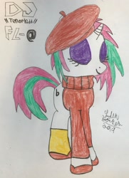 Size: 1483x2048 | Tagged: safe, artist:theanimefanz, oc, oc only, oc:dj fl-@, oc:tenor kidd, pony, unicorn, beret, eyes closed, hat, traditional art