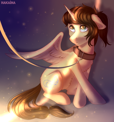 Size: 1600x1700 | Tagged: safe, artist:hakaina, oc, oc:eternal light, alicorn, pony, alicorn oc, blue eyes, collar, horn, leash, male, ponytail, simple background, sitting, wings