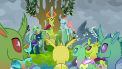 Size: 1366x768 | Tagged: safe, screencap, ocellus, pharynx, thorax, changedling, changeling, the ending of the end, changedling brothers, king thorax, nest, outdoors, prince pharynx, throne