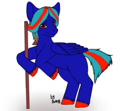 Size: 800x720 | Tagged: safe, oc, oc:hellfire, pegasus, pony, blue fur, red eyes, smiling, stick