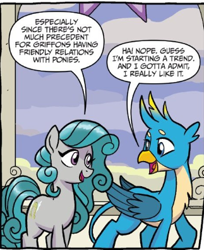 Size: 323x396 | Tagged: safe, artist:tonyfleecs, idw, gallus, swift foot, earth pony, griffon, pony, spoiler:comic, spoiler:comicfeatsoffriendship01, cropped, cutie mark, duo, female, male, mare, official comic, smiling, speech bubble, wings