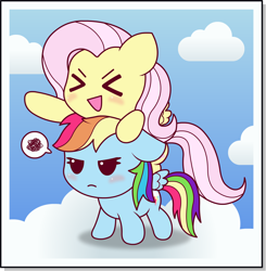 Size: 1956x2000 | Tagged: safe, artist:doctor-g, derpibooru import, fluttershy, rainbow dash, pegasus, pony, blushing, chibi, cloud, cute, dashabetes, duo, pictogram, ponies riding ponies, rainbow dash is not amused, shyabetes, sky, unamused