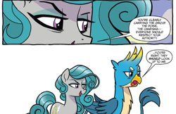 Size: 701x453 | Tagged: safe, artist:tonyfleecs, idw, gallus, swift foot, earth pony, griffon, pony, spoiler:comic, spoiler:comicfeatsoffriendship01, chest fluff, comic, cropped, cutie mark, duo, evil grin, evil planning in progress, eyeshadow, female, folded wings, grin, makeup, male, manipulation, mare, narrowed eyes, official comic, simple background, smiling, speech bubble, teenager, white background, wings, young mare