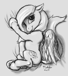 Size: 1300x1450 | Tagged: safe, artist:trefoiler, oc, oc only, oc:burning shadow, pegasus, pony, vampire, vampony, female, folded wings, grayscale, looking at you, lying on bed, mare, monochrome, on side, sketch, solo, wings