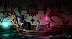 Size: 2771x1514 | Tagged: safe, artist:inuhoshi-to-darkpen, spike, twilight sparkle, twilight sparkle (alicorn), oc, alicorn, dragon, earth pony, pony, beard, boat, cloak, clothes, facial hair, female, figurehead, glowing horn, goatee, horn, lantern, male, mare, mural, stallion, trio, water