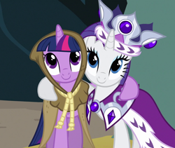 Size: 1280x1080 | Tagged: safe, derpibooru import, screencap, clover the clever, princess platinum, rarity, twilight sparkle, unicorn twilight, pony, unicorn, hearth's warming eve (episode), cropped, duo, female, mare, smiling