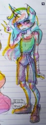 Size: 1408x3825 | Tagged: safe, artist:rottengotika, oc, oc only, oc:star nebula moon, alicorn, anthro, alicorn oc, anthro oc, bandage, highlighter, lined paper, notebook, peace sign, ribs, skinny, solo, sports outfit, traditional art