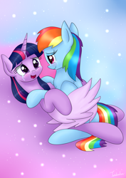 Size: 2480x3507 | Tagged: safe, artist:twidasher, derpibooru import, rainbow dash, twilight sparkle, twilight sparkle (alicorn), alicorn, pegasus, pony, female, lesbian, looking up, mare, shipping, smiling, twidash