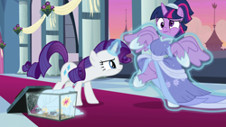 Size: 1920x1080 | Tagged: safe, derpibooru import, screencap, rarity, twilight sparkle, twilight sparkle (alicorn), alicorn, pony, unicorn, the last problem, alternate hairstyle, clothes, coronation dress, dress, female, magic, magic aura, majestic as fuck, mare, second coronation dress