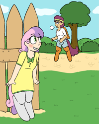 Size: 873x1094 | Tagged: safe, artist:heretichesh, oc, oc only, oc:halfpipe, oc:sugar chimes, pegasus, pony, satyr, unicorn, blushing, clothes, dress, female, hiding, intersex, offspring, parent:scootaloo, parent:sweetie belle, shipping, sweat, sweatband