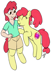 Size: 1047x1415 | Tagged: safe, artist:heretichesh, apple bloom, oc, oc:pear, earth pony, human, pony, satyr, clothes, cutie mark, family, female, happy, male, mother and child, mother and son, offspring, older, older apple bloom, parent and child, parent:apple bloom, the cmc's cutie marks