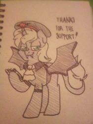 Size: 1536x2048 | Tagged: safe, artist:paperbagpony, oc, oc only, pony, undead, unicorn, vampire, vampony, clothes, costume, fake wings, fangs, halloween, halloween costume, male, police, traditional art