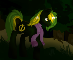 Size: 732x600 | Tagged: dead source, safe, artist:mootsarts, oc, oc:vermont black, earth pony, pony, clothes, forest, male, raised hoof, scarf, solo, stallion, tree