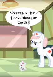 Size: 735x1076 | Tagged: safe, edit, edited screencap, editor:leonidus, screencap, nurse redheart, earth pony, pony, baby cakes, angry, card game, cropped, exclamation point, frown, funny, hospital, interrobang, light, maureen walsh, nurse, poker, question mark, solo, speech, speech bubble, text, tiled floor, window