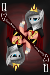 Size: 2100x3150 | Tagged: safe, artist:hugo231929, oc, oc only, oc:perl tech, earth pony, pony, cape, card, clothes, crown, female, food, jewelry, looking at you, mare, queen of hearts, regalia, smiling, smug, solo, tea