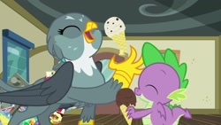 Size: 1920x1080 | Tagged: safe, screencap, gabby, spike, dragon, griffon, dragon dropped, food, ice cream, winged spike