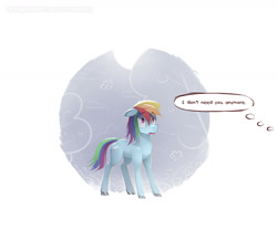 Size: 1600x1326 | Tagged: safe, artist:icychamber, derpibooru import, rainbow dash, pegasus, pony, sad, simple background, solo, thought bubble, white background, wingless