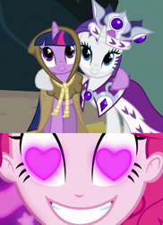 Size: 960x1320 | Tagged: safe, edit, edited screencap, screencap, clover the clever, pinkie pie, princess platinum, rarity, twilight sparkle, coinky-dink world, eqg summertime shorts, equestria girls, hearth's warming eve (episode), cropped, female, heart eyes, lesbian, meme, pinkie the shipper, pinkie's eyes, rarilight, shipping, wingding eyes