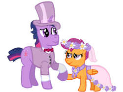 Size: 2732x2048 | Tagged: safe, artist:turnaboutart, dusk shine, scootaloo, twilight sparkle, unicorn twilight, pegasus, pony, unicorn, a canterlot wedding, adopted offspring, clothes, cuffs (clothes), dress, father and child, father and daughter, female, floral head wreath, flower, flower filly, flower girl, flower girl dress, flower in hair, hat, holding hooves, male, parent and child, rule 63, simple background, stallion, suit, top hat, transparent background, tuxedo, wedding
