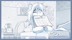 Size: 1280x721 | Tagged: safe, artist:icychamber, pony, unicorn, comic:the secret life of rarity, bed, calendar, comic, onomatopoeia, solo, text