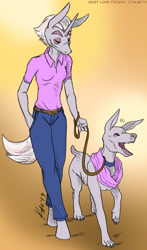 Size: 707x1200 | Tagged: safe, artist:kaemantis, zesty gourmand, oc, oc:anton, anthro, dog, unguligrade anthro, unicorn, clothes, collar, eyes closed, female, hand in pocket, leash, mare, pants, shirt