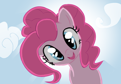 Size: 2000x1381 | Tagged: safe, artist:jcity, derpibooru import, pinkie pie, earth pony, pony, cloud, cute, diapinkes, female, happy, looking at you, looking down at you, mare, open mouth, smiling, solo