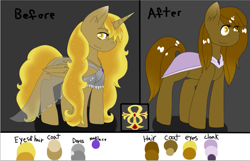 Size: 795x511 | Tagged: dead source, safe, artist:mootsarts, oc, oc:ambrosia amaranth, oc:ambrosia amaranth (dark amber), alicorn, earth pony, pony, cloak, clothes, cutie mark, dress, female, jewel, jewelry, mare, necklace, reference sheet