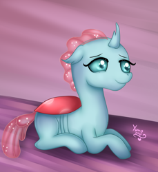 Size: 2200x2400 | Tagged: safe, artist:yumomochan, ocellus, changedling, changeling, pony, abstract background, digital art, prone, sitting