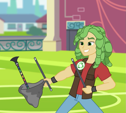 Size: 663x597 | Tagged: safe, screencap, sandalwood, all's fair in love and friendship games, equestria girls, clothes, cropped, musical instrument, pants, smiling