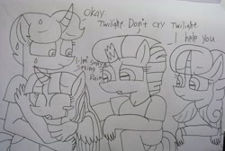 Size: 4025x2703 | Tagged: safe, artist:徐詩珮, fizzlepop berrytwist, glitter drops, spring rain, tempest shadow, twilight sparkle, twilight sparkle (alicorn), alicorn, anthro, plantigrade anthro, unicorn, broken horn, crying, dialogue, female, glitterlight, glittershadow, horn, lesbian, lineart, mare, polyamory, shipping, sprglitemplight, springdrops, springlight, springshadow, springshadowdrops, tempestlight, traditional art