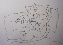 Size: 4144x2992 | Tagged: safe, artist:徐詩珮, fizzlepop berrytwist, spring rain, tempest shadow, pony, unicorn, broken horn, female, horn, lesbian, lineart, mare, shipping, sleeping, springshadow, traditional art