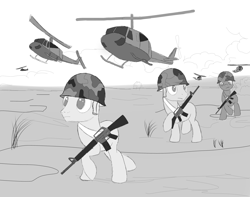 Size: 3800x3000 | Tagged: safe, artist:pizzamovies, pony, assault rifle, gun, helicopter, helmet, m16, male, rifle, sketch, stallion, vietnam, vietnam war, weapon