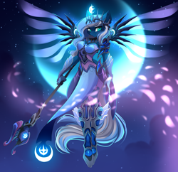 Size: 5647x5462 | Tagged: safe, artist:airiniblock, oc, oc:vivid tone, anthro, pegasus, armor, armor skirt, beautiful, boots, clothes, commission, cosplay, costume, crown, female, jewelry, mare, mercy, overwatch, rcf community, regalia, shoes, skirt, solo, unconvincing armor, wings