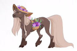 Size: 2569x1693 | Tagged: safe, artist:vindhov, oc, oc only, pony, unicorn, adoptable, basket, broken horn, dappled, female, flower, hat, horn, mare, realistic horse legs, saddle basket, simple background, solo, straw hat, unshorn fetlocks, white background