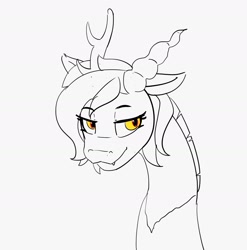 Size: 1961x1984 | Tagged: safe, artist:pabbley, discord, eris, draconequus, fangs, floppy ears, lidded eyes, lineart, monochrome, neo noir, partial color, rule 63, simple background, sketch, smiling, solo, white background