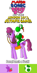 Size: 1012x2000 | Tagged: safe, artist:zefrenchm, berry punch, berryshine, dinosaur, earth pony, pony, crossover, london 2012, mario & sonic, mario & sonic at the london 2012 olympic games, mario & sonic at the olympic games, mario and sonic, mario and sonic at the olympic games, nintendo, pony ride, riding, riding a pony, super mario bros., team, yoshi