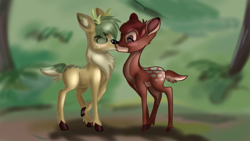 Size: 1280x720 | Tagged: safe, artist:jbond, oc, oc:jacky breeze, deer, pony, bambi, disney, gay, kissing, male, shipping