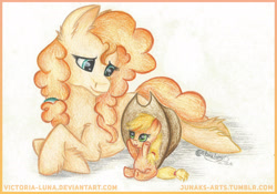 Size: 2264x1584 | Tagged: safe, artist:victoria-luna, derpibooru import, applejack, pear butter, earth pony, pony, applejack's hat, baby, baby pony, babyjack, colored pencil drawing, cowboy hat, cute, duo, female, foal, hat, jackabetes, mare, mother and child, mother and daughter, parent and child, traditional art, younger