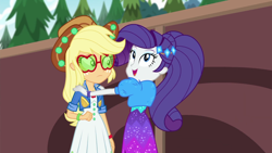 Size: 1920x1080 | Tagged: safe, screencap, applejack, rarity, better together, equestria girls, festival filters, clothes, dress, female, geode of shielding, glasses, hat, magical geodes