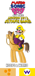 Size: 924x2000 | Tagged: safe, artist:zefrenchm, hoops, human, pegasus, pony, crossover, humans riding ponies, london 2012, mario & sonic, mario & sonic at the london 2012 olympic games, mario & sonic at the olympic games, mario and sonic, mario and sonic at the olympic games, pony ride, riding, super mario bros., team, wario