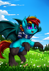 Size: 2343x3395 | Tagged: safe, artist:pridark, oc, oc only, oc:pool shade, bat pony, hengstwolf, hybrid, original species, pony, timber pony, timber wolf, werewolf, bat pony oc, clothes, commission, cute, grass field, high res, open mouth, scarf, scenery, solo, species swap