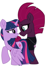 Size: 5992x8777 | Tagged: safe, alternate version, artist:ejlightning007arts, edit, tempest shadow, twilight sparkle, twilight sparkle (alicorn), alicorn, pony, unicorn, broken horn, clothes, cute, female, horn, jumpsuit, lesbian, shipping, tempestbetes, tempestlight, twiabetes