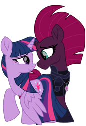 Size: 5992x8777 | Tagged: safe, alternate version, artist:ejlightning007arts, edit, tempest shadow, twilight sparkle, twilight sparkle (alicorn), alicorn, pony, unicorn, armor, broken horn, cute, female, horn, lesbian, shipping, tempestbetes, tempestlight, twiabetes