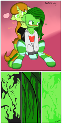 Size: 3000x6000 | Tagged: safe, artist:fajnyziomal, oc, oc only, oc:świstek, oc:świstek#1, pegasus, plant pony, pony, unicorn, comic:świstek, amputee, armless, blight, blushing, cheek fluff, clothes, comic, curly eyelashes, cute, duo, ear bite, female, floating heart, heart, nibbling, shirt, sisters, socks, striped socks, stump, sucking