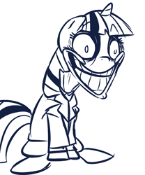 Size: 712x854 | Tagged: source needed, safe, artist:tess, pony, unicorn, clothes, female, grin, insanity, lineart, mare, monochrome, sitting, smiling, suit, the joker