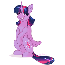 Size: 2000x2000 | Tagged: safe, artist:neonishe, twilight sparkle, twilight sparkle (alicorn), alicorn, pony, cheek fluff, chest fluff, cute, eye clipping through hair, female, mare, simple background, sitting, smiling, solo, twiabetes, white background