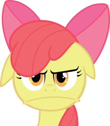 Size: 876x1000 | Tagged: artist needed, safe, apple bloom, earth pony, pony, apple bloom is not amused, bow, female, filly, floppy ears, grumpy, grumpy apple bloom, looking at you, simple background, solo, unamused, white background